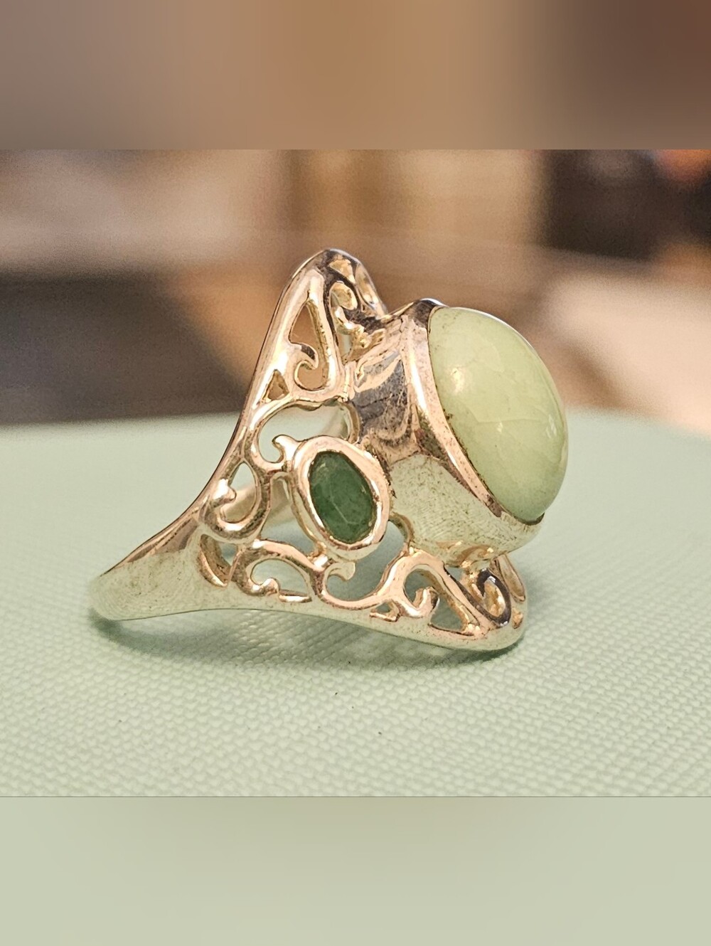 925 STERLING SILVER Lab Emerald and Jade Ring SZ 7